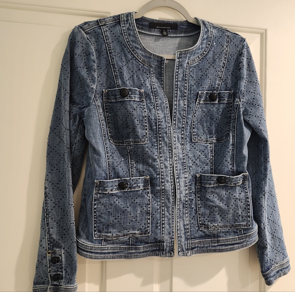 Blue Jean Jacket with Crew Neck and Zipper Closure White House Black Market Sz 8